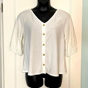 NWT Women’s Size Large White Swiss Dot W5 Brand Top v-neck Button Front
